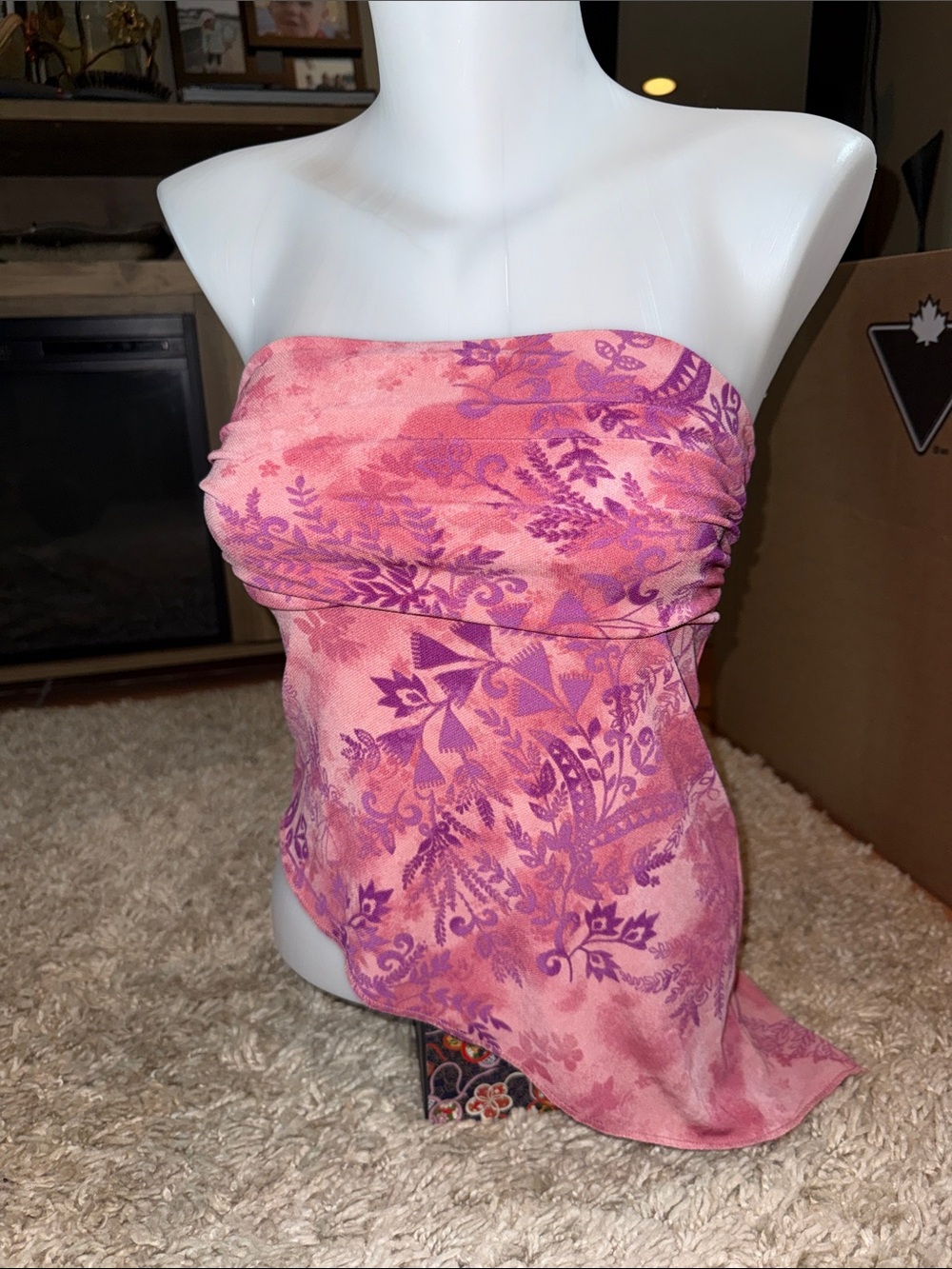 Urban Outfitters Pink & Purple Floral Asymmetrical Strapless Tube Top XS